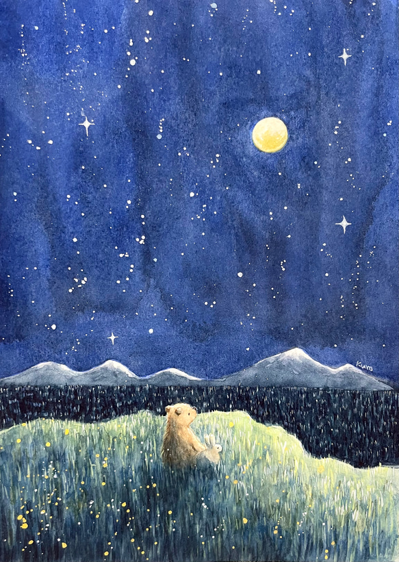 絵画。原画【かわいい熊と赤いリンゴ2個】 受注制作】月にいるきみ【子熊とうさぎ】 絵画 kuro 通販