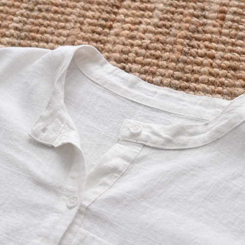 新作・レディース綿麻Tシャツ、文芸風リラックスフィット立襟リネン