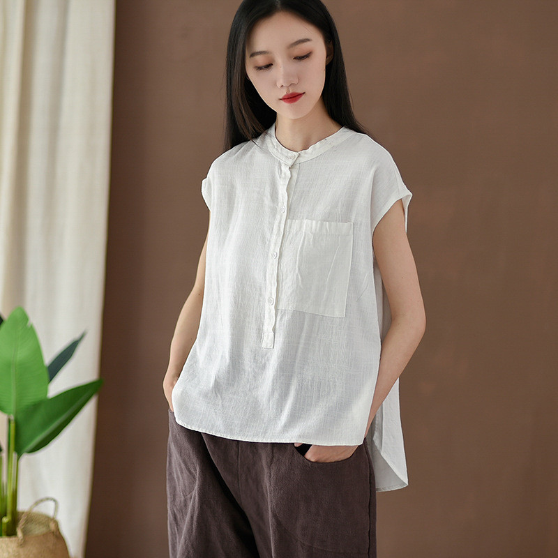 新作・レディース綿麻Tシャツ、文芸風リラックスフィット立襟リネンシャツ・ショートスリーブS-27