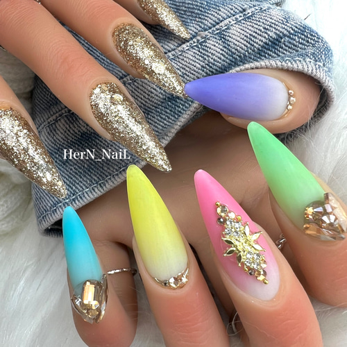 ネイルチップ グラデーション シンプル 黄色 可愛い カラフル オーダー