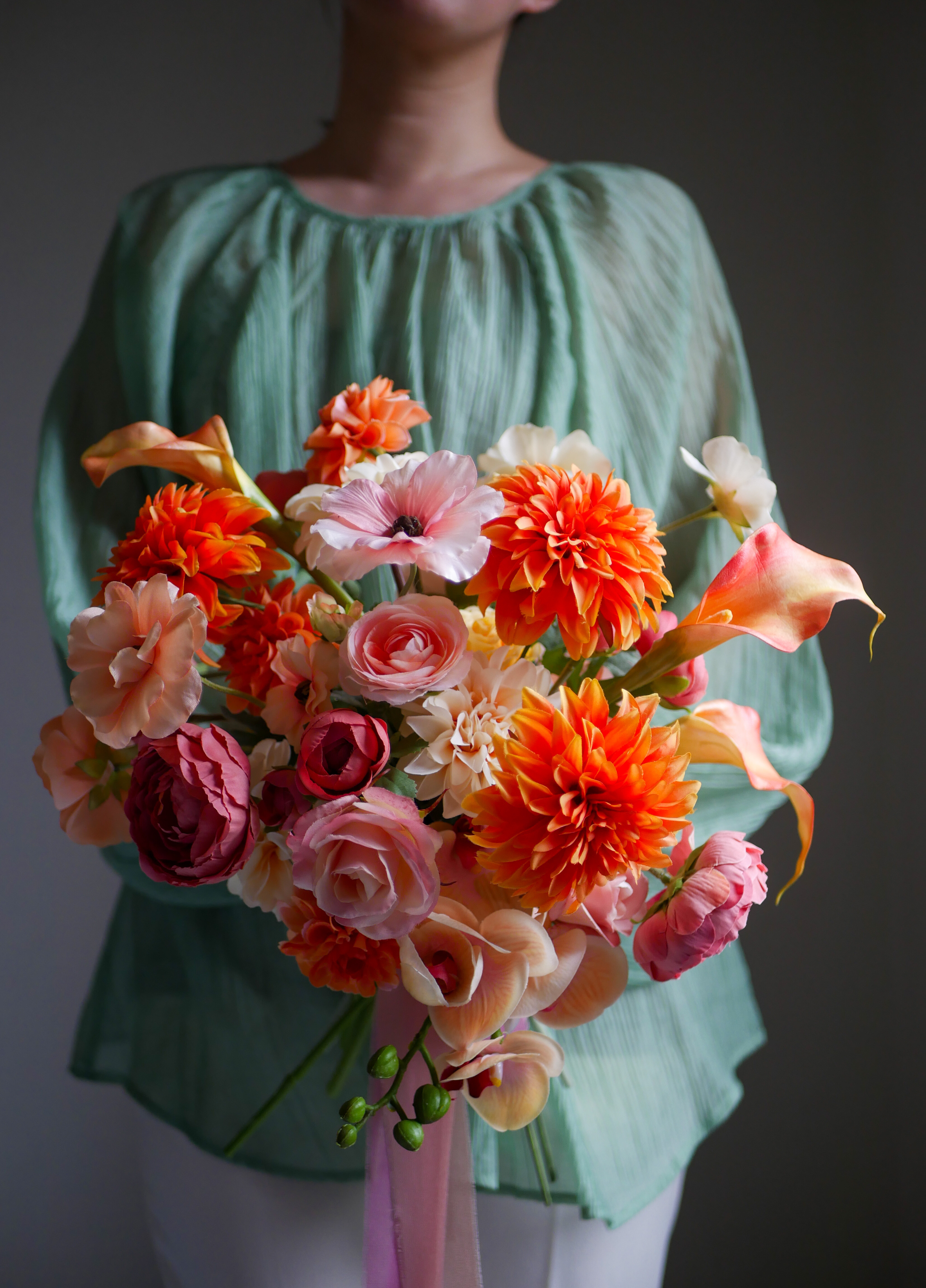 ウェディングブーケ　前撮りブーケ　オレンジブーケ　カラフルブーケ