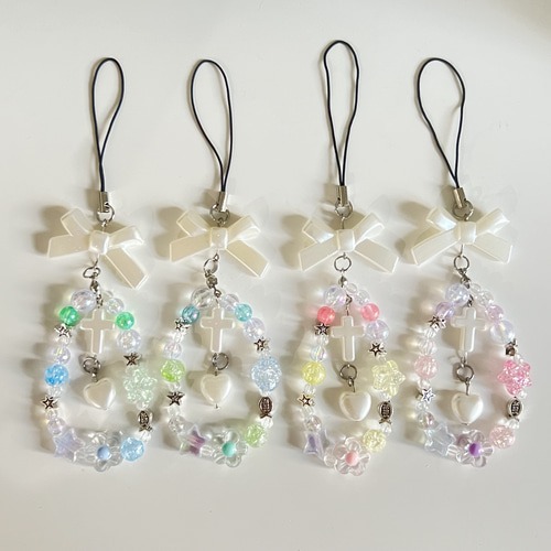 ✝️ビーズストラップ / リボン / 十字架 / ハート キーホルダー