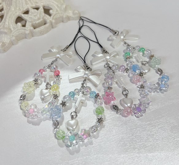✝️ビーズストラップ / リボン / 十字架 / ハート キーホルダー