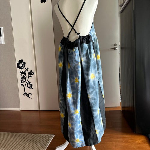 限定1点 着物リメイク 手染め雪花絞りキャミワンピ 黒