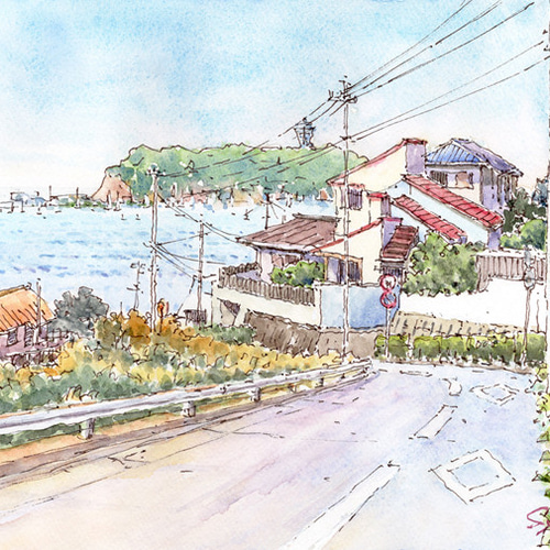 激安通販新作 水彩画原画 緑の江の島と赤い屋根 ＃645 絵画 syoumei 通販 絵画