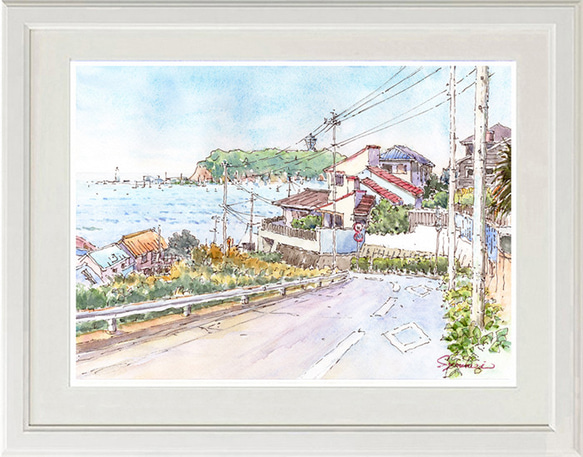 水彩画原画 緑の江の島と赤い屋根 ＃645 絵画 syoumei 通販