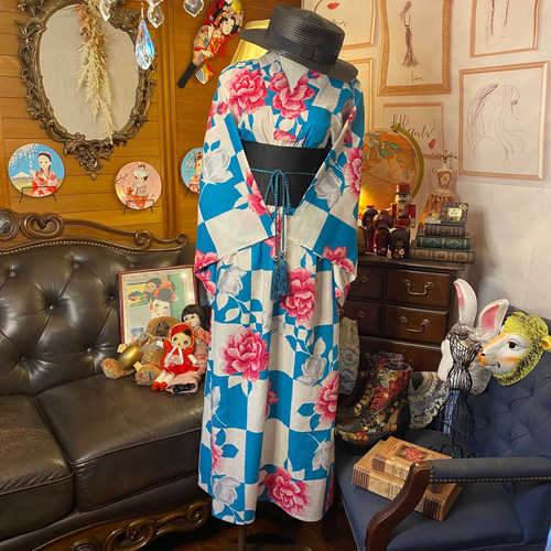 水玉模様 浴衣・帯セット リメイク　ワンピース 和洋折衷 浴衣 リメイク ワンピース ドレス 帯サッシュベルト