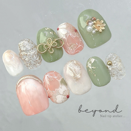 ✿抹茶カラー＆ふんわりピンクflower 和花/和柄ネイル・振袖