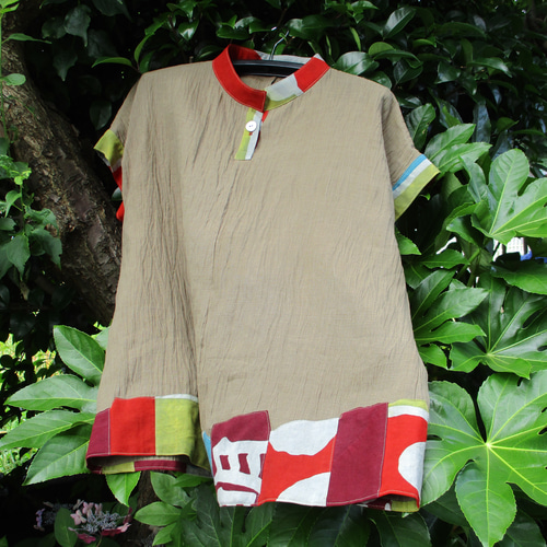 和の布創作服＞ 小千谷縮の涼しげなブラウス 麻 着物リメイク 一品作 