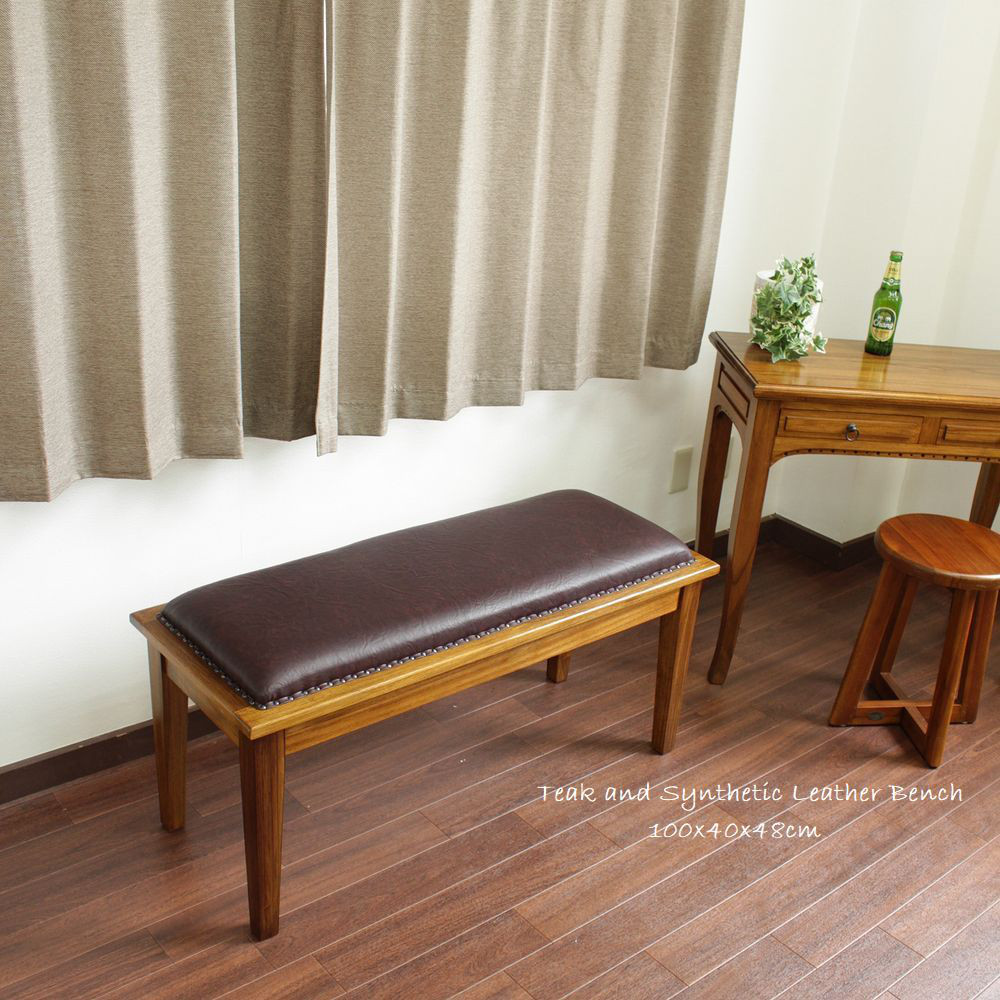 木製 ベンチ 長椅子 チーク材 無垢 合皮 椅子 腰掛 スツール ２人用 100x40x48cm  / F-0489