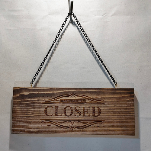 OPEN CLOSE 看板】彫刻 WooD 木製 表札 シンプル ナチュラル チェーン