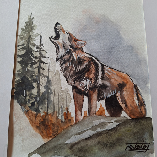 水彩画 オオカミの遠吠え 絵画 makochin 通販 17944658｜Creema