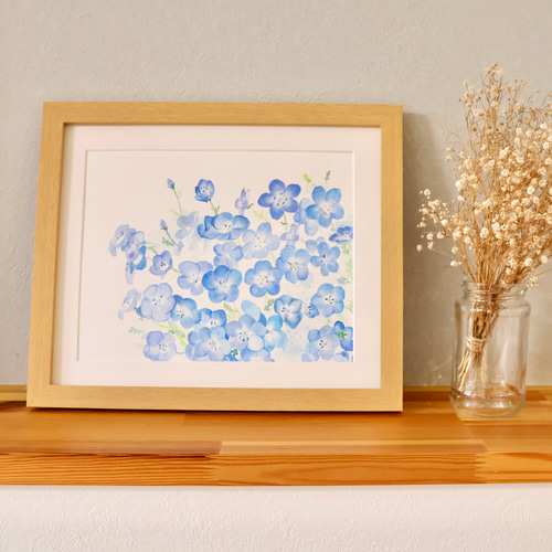 透明水彩画　原画　「空と海とネモフィラ」額縁付　F4サイズ　風景画 空と海とネモフィラ」透明水彩画 原画 風景画 額縁付 F4サイズ