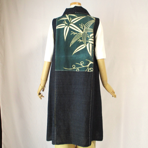 和の布創作服＞ 久留米絣と油単のワンピース 綿 着物リメイク 一品作