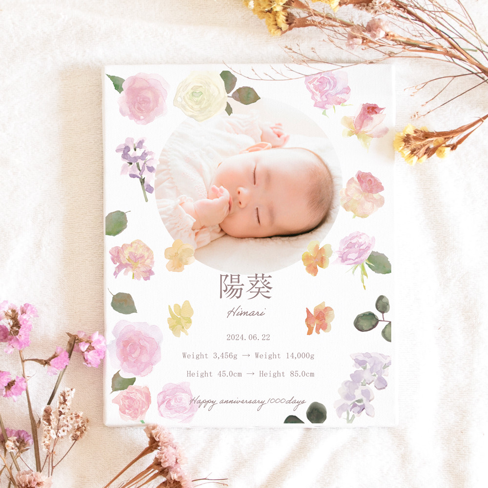 バラとスイートピーの命名書  オーダーメイド 写真入り 名入れ  ベビーポスター キャンバス 薔薇