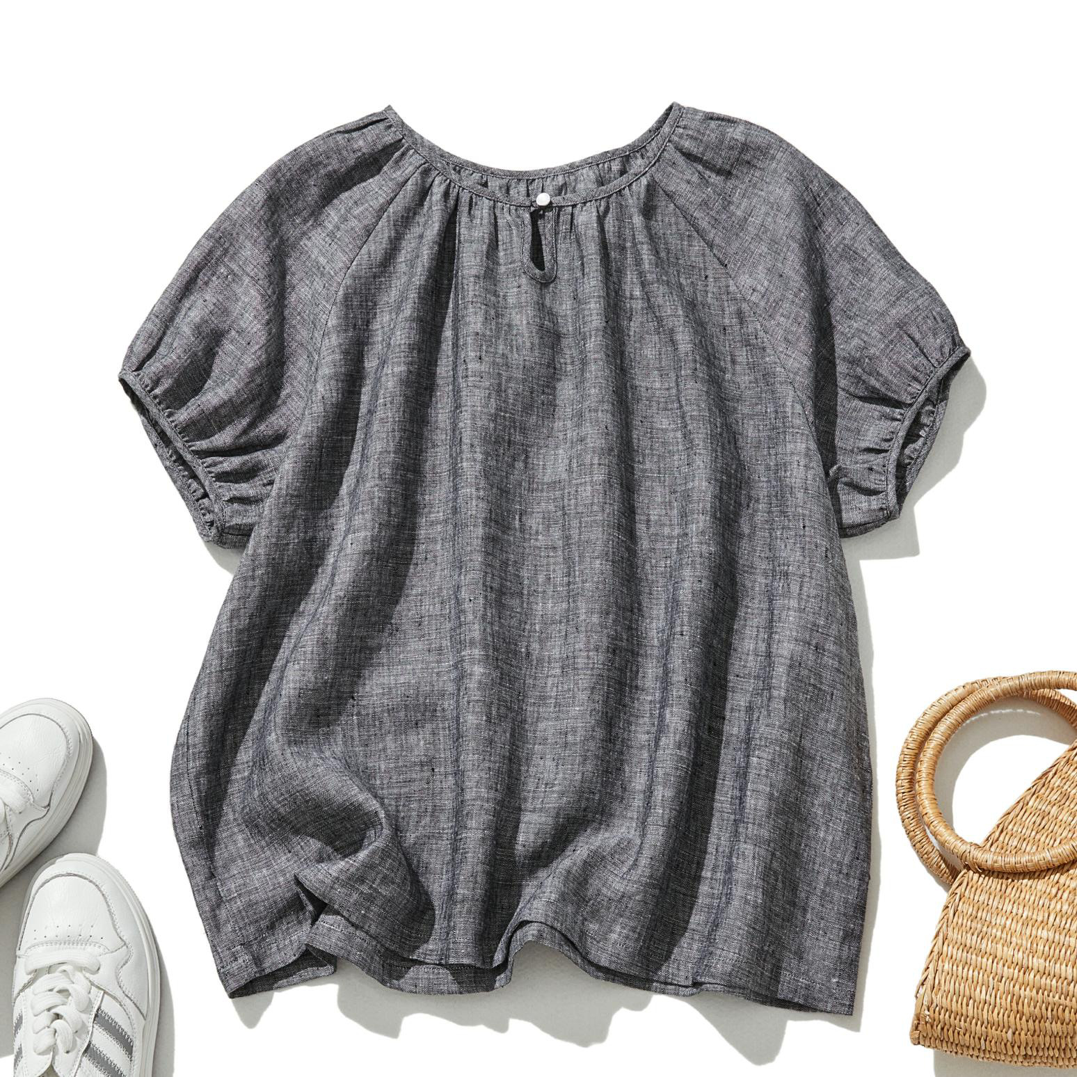品の良い肌あたりのリネン ブラウス、プルオーバー 　　ダークグレー　　240613-3