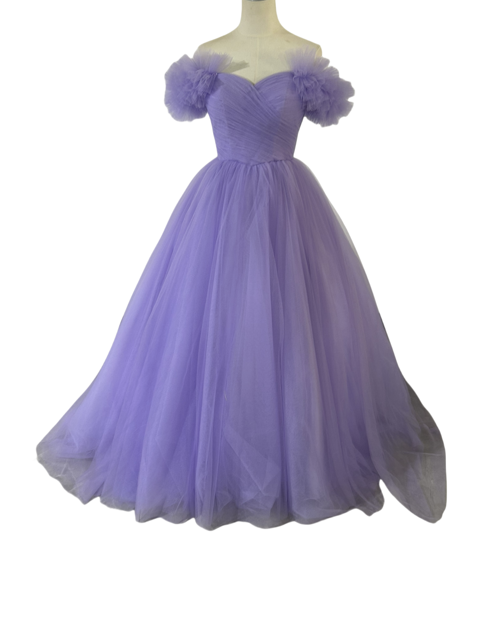 カラードレス パープル 柔らかく重ねたチュールスカート オフショル くるみボタン 結婚式 可愛い
