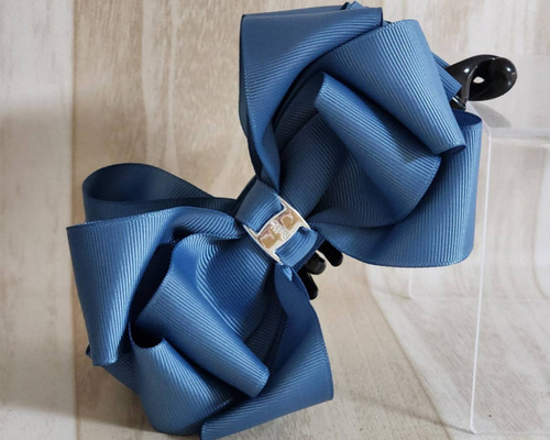 13cmバナナクリップ】くすみブルー リボンヘアアクセサリー 大きめ