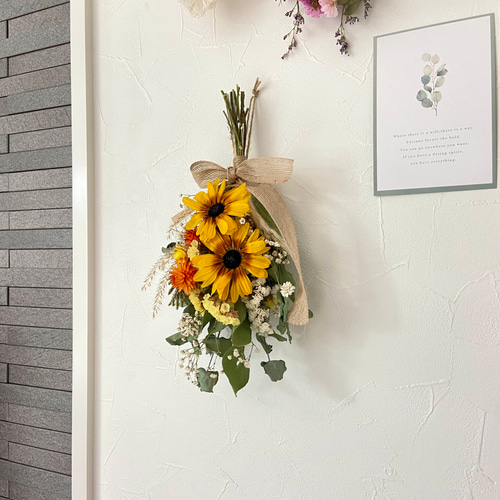 NEW\オレンジブラウンひまわり/ドライフラワー夏スワッグ イエロー