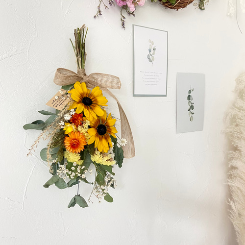 NEW\オレンジブラウンひまわり/ドライフラワー夏スワッグ イエロー