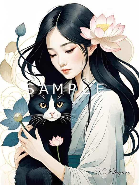 書 墨絵 A4サイズ タイトル『猫と花』 紗々 書道額縁 半紙