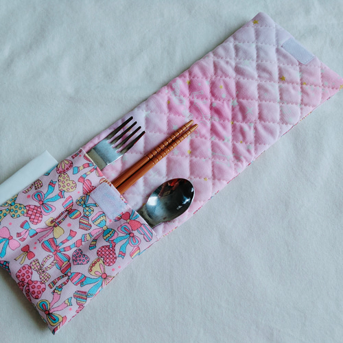 17・ハンドメイド お箸袋 カトラリー袋 2枚セット ピンク くま 17