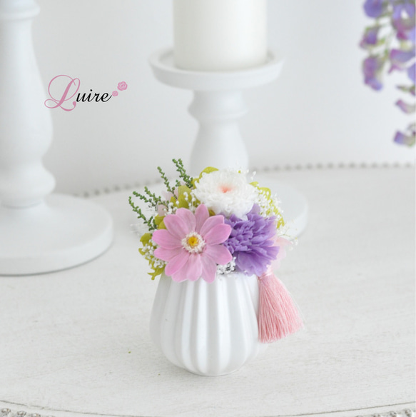 ＜色違い登場＞ジニアと小菊のプリザーブドフラワー仏花、お供え花／お悔み 新盆／ペット用仏花【クリアケース付き】 2枚目の画像