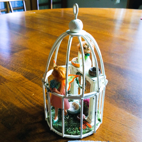 ミニチュアドールオブジェ/鳥かごの中のお庭の精 その他インテリア雑貨