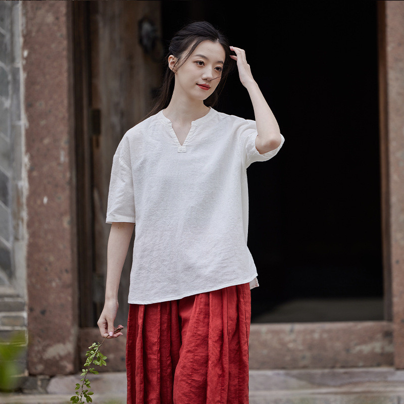 春夏新作 綿麻レディース 新中式 パッチワーク 盤ボタン スタンドカラー トップス シャツ 女性用 禅茶服 Tシャツ