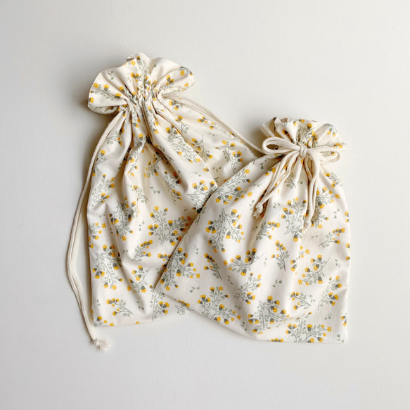 《送料無料》お着替え袋　コップ袋　フリル巾着　コットン 花柄　カモミール　女の子 6枚目の画像