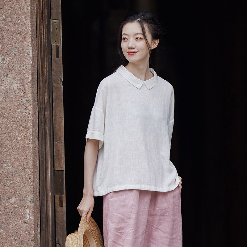 夏新作 綿麻レディース アートスタイル リバーコラー 半袖 トップス 女性用 若見え ルーズフィット Tシャツ8255