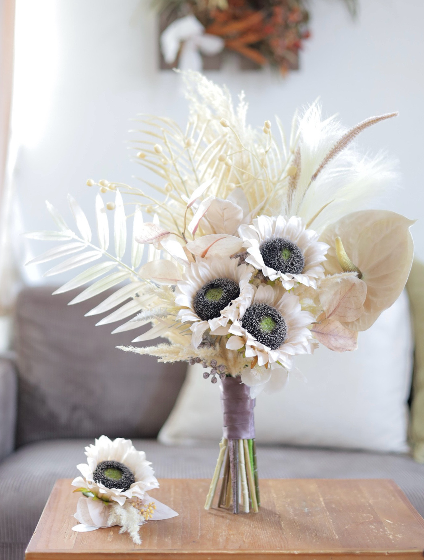 白ひまわりブーケ　ウェディングブーケ　ブートニアセット