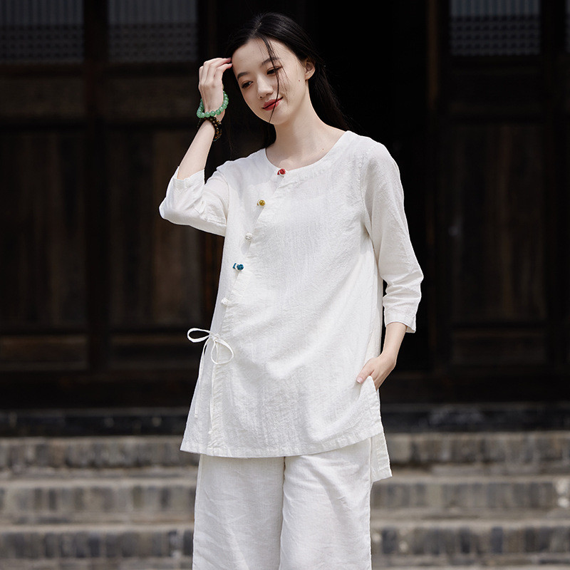 夏新作 レトロ 薄手 カラーブロック 盤ボタン 綿麻トップス シャツ レディース リネン8242