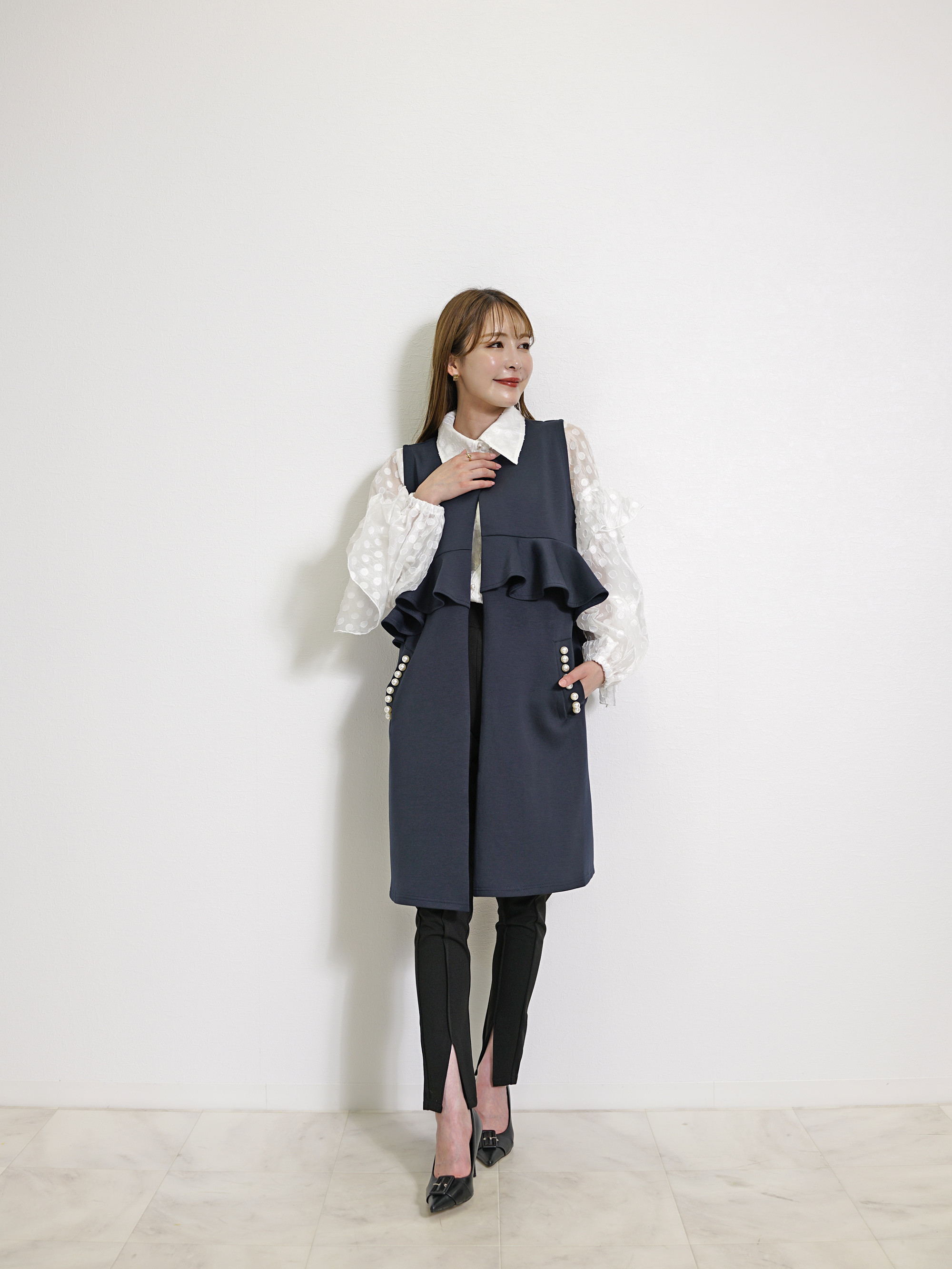 パールポケット ウエストフリル ロング ジレ