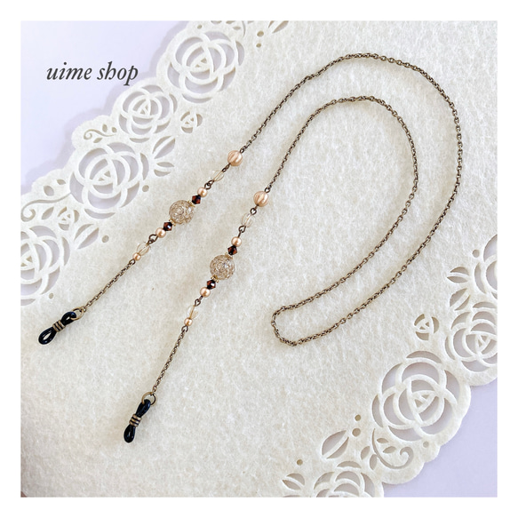 【3色展開】ドイツ製チャーム＆SWAROVSKIのアンティーク調メガネチェーン グラスコード メガネホルダー 1枚目の画像