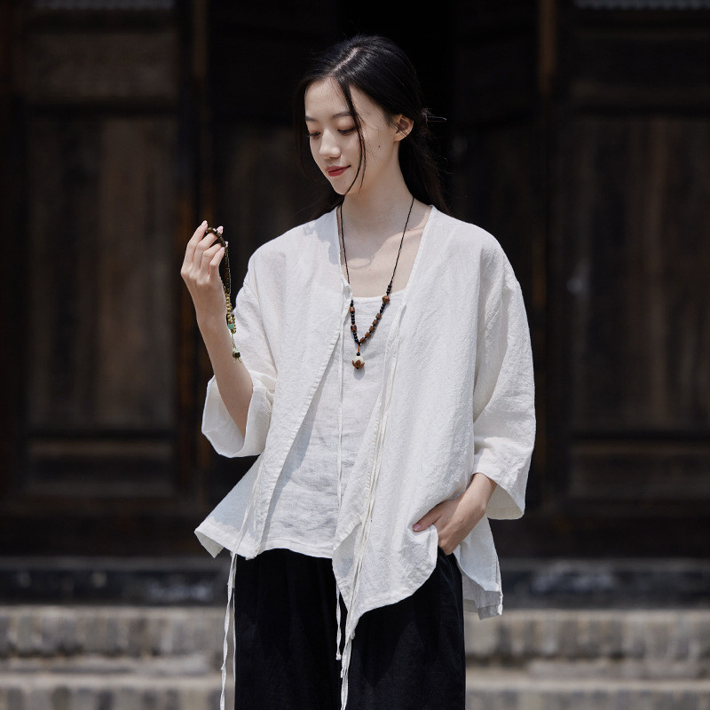 オリジナル 綿麻レディース 薄手 紐付き Vネック ルーズフィット トップス シャツ 女性用 カーディガン