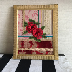 ビンテージリボン装飾オーバルフレーム薔薇と勿忘草プリント画※フランスアンティーク ビンテージリボン装飾オーバルフレーム薔薇と勿忘草プリント画