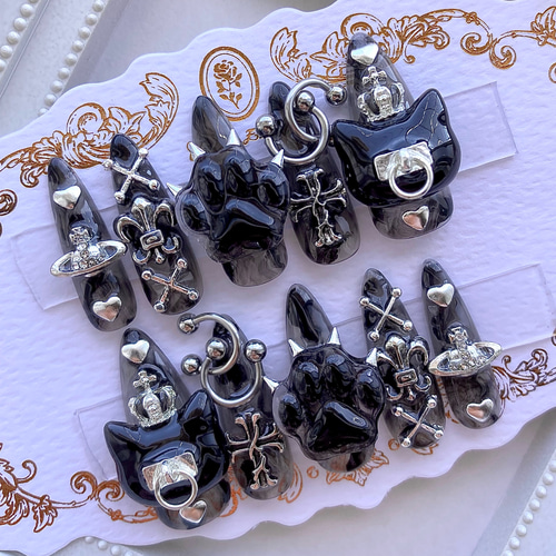 ネイルチップ 量産型 地雷 サブカル ブラック ネコ 十字架 肉球 ハート  