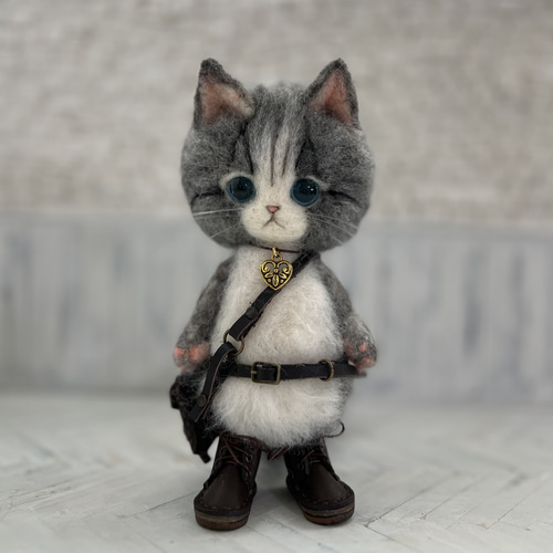 うさみみ帽子のごーぐるにゃんこ 羊毛フェルト ねこ ぬいぐるみ