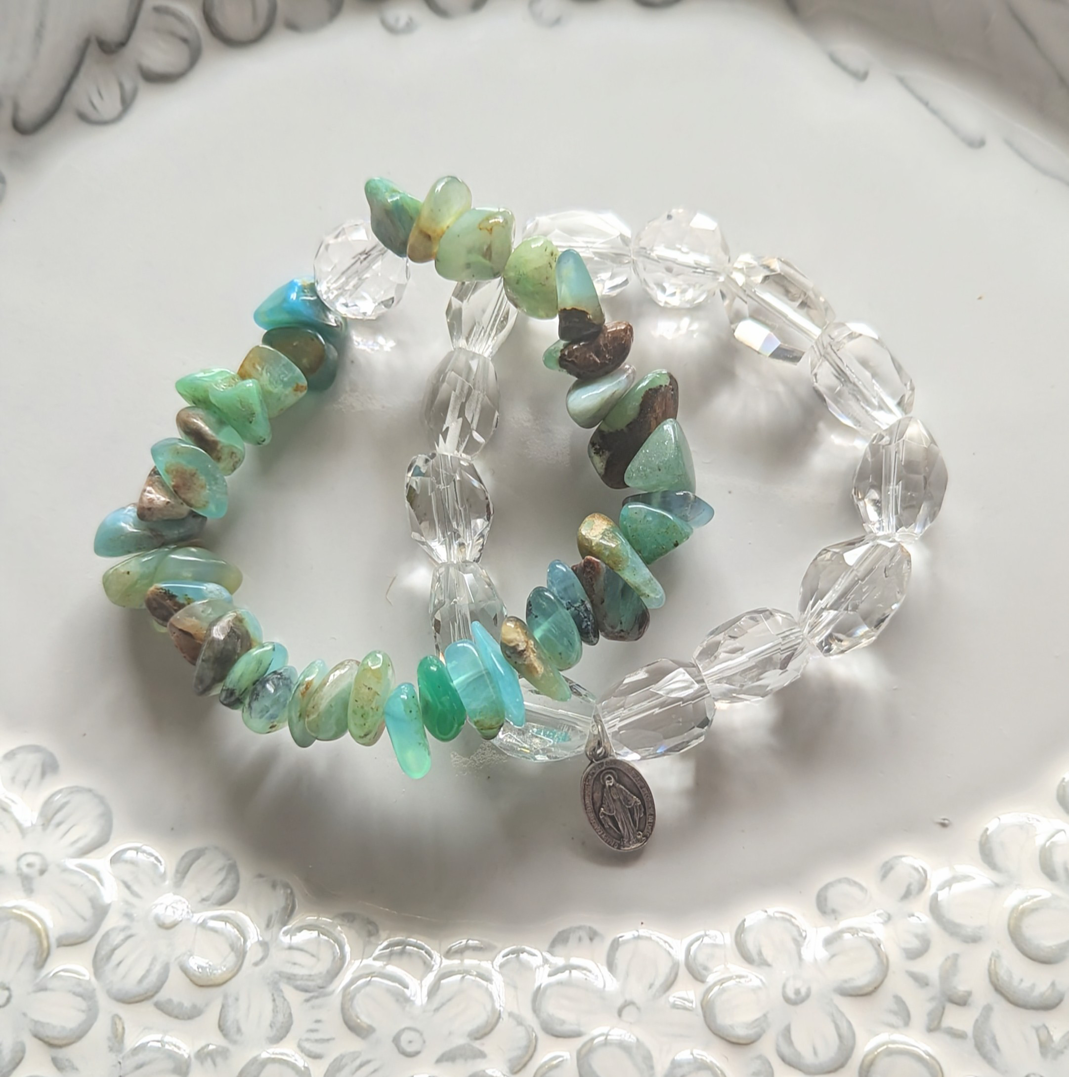 ✨ネガティブデトックスに✨ブルーオパール（コモンオパール）のブレスレット&クリアクォーツのブレスレットの2本セット