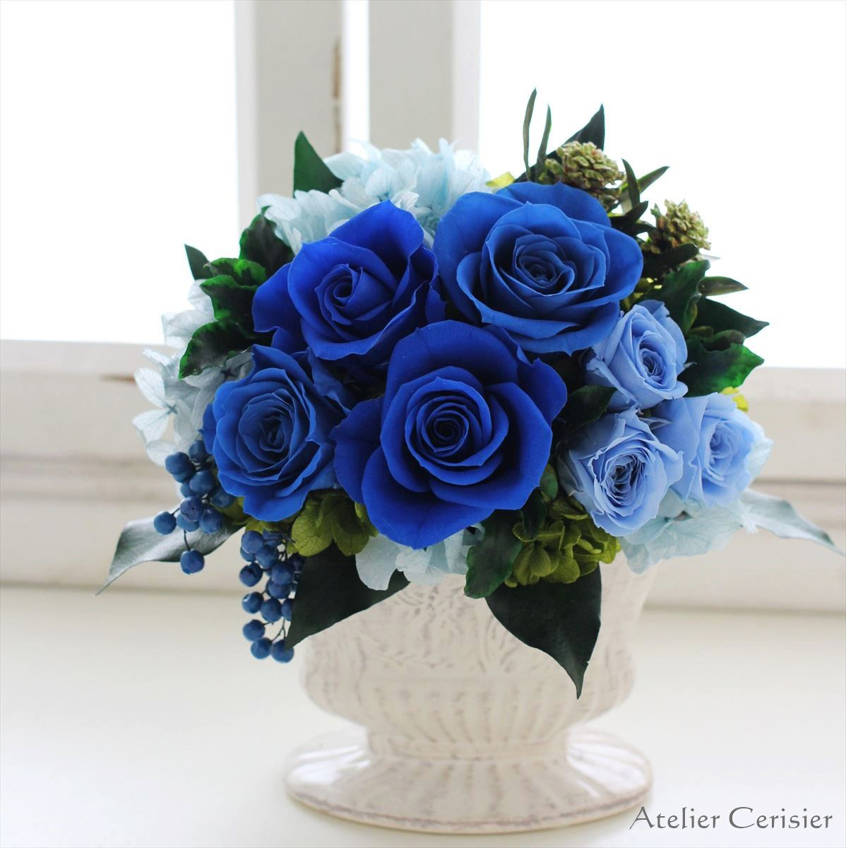 青薔薇 ブリザードフラワー 小物 直径約18cm