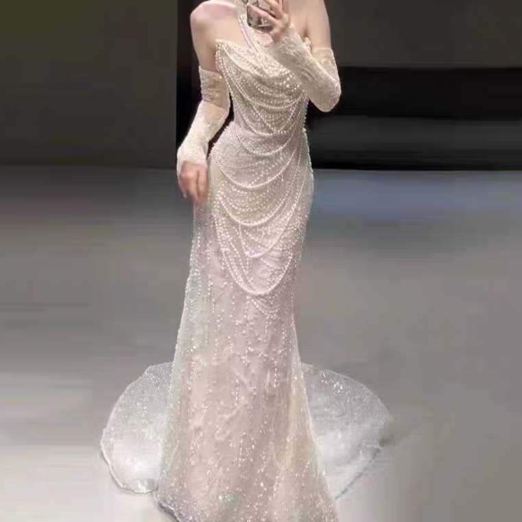 おしゃれ上級者に人気  ウエディングドレス 取り外し袖  パール  マーメイドライン  演奏会/  花嫁/H024