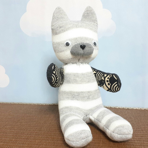 しましま灰猫さん□靴下ぬいぐるみ/ソックドール ぬいぐるみ もちまる