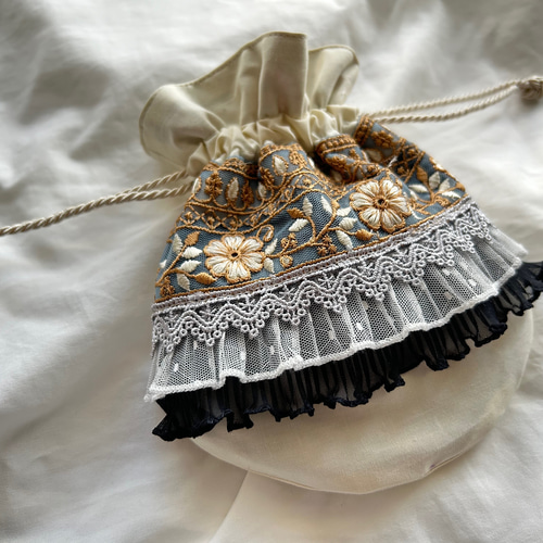 人気ランキング1位～（売れ筋商品） リボン インド刺繍 まんまる ポーチ 巾着袋 巾着 巾着ポーチ バッグ