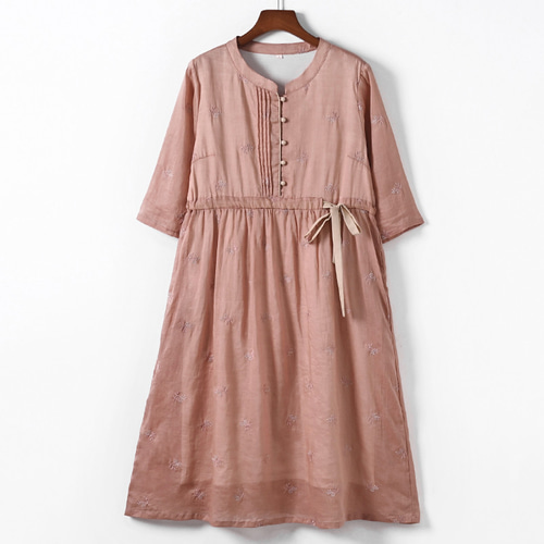 ビアズリー 上質リネン100%ゆったりドルマンスリーブバックボタン刺繍ワンピース 美シルエット】ドットチュール刺繍ワンピース（51015504