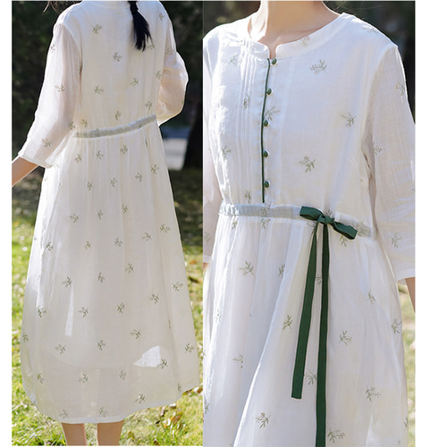 【Rene】刺繍襟 リネン 爽やか ワンピース 36　極美品フィッシュテイル Rene】刺繍襟 リネン 爽やか ワンピース 36 極美品フィッシュ