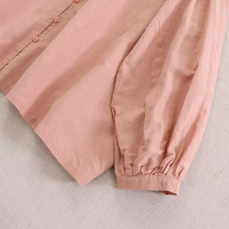 【冷房対策★リネン混シャツ★立ち襟】コットン│カジュアル│無地│オフィス│ゆとり感│体型カバー│エスニック│T-17LB