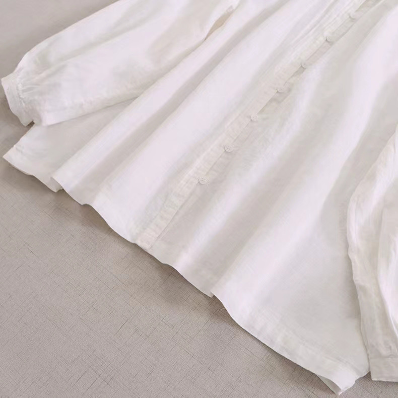 【冷房対策★リネン混シャツ★立ち襟】コットン│カジュアル│無地│オフィス│ゆとり感│体型カバー│エスニック│T-17LB