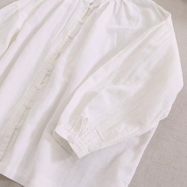 【冷房対策★リネン混シャツ★立ち襟】コットン│カジュアル│無地│オフィス│ゆとり感│体型カバー│エスニック│T-17LB