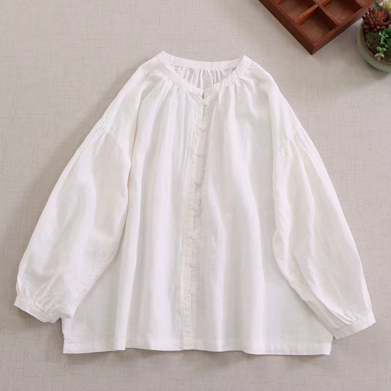 【冷房対策★リネン混シャツ★立ち襟】コットン│カジュアル│無地│オフィス│ゆとり感│体型カバー│エスニック│T-17LB